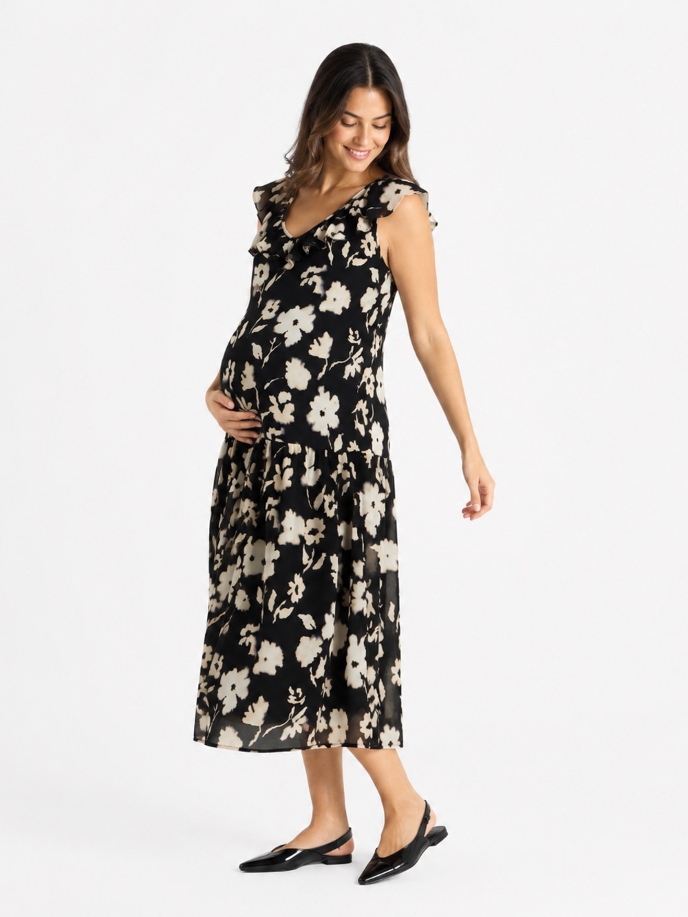 Isabel Maternity Flutter Short Sleeve Drop Waist Maxi Maternity Dress Floral M